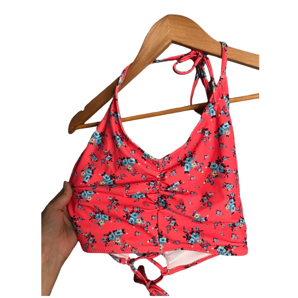 Cupshe | Pink Floral Tankini Bikini Top lace Up back halter tie bikini top • - Picture 2 of 7